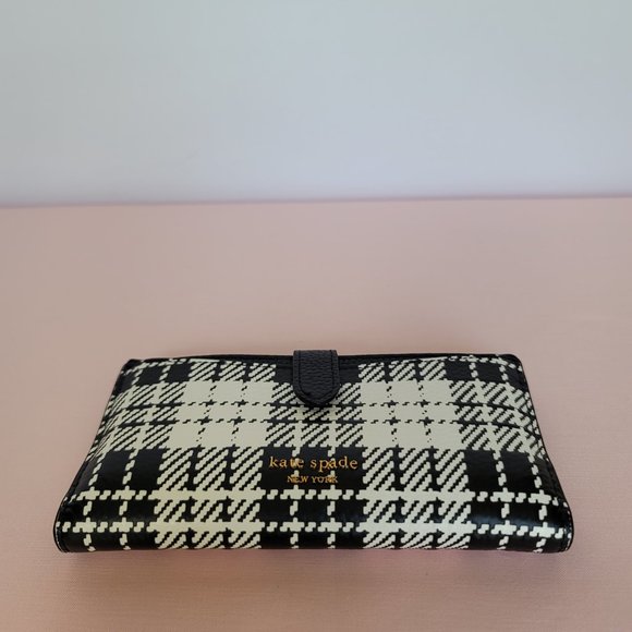 KATE SPADE Hudson Posh Plaid Embossed Pebbled Leather Bifold Wallet-Black MultI⭐ - Picture 10 of 16